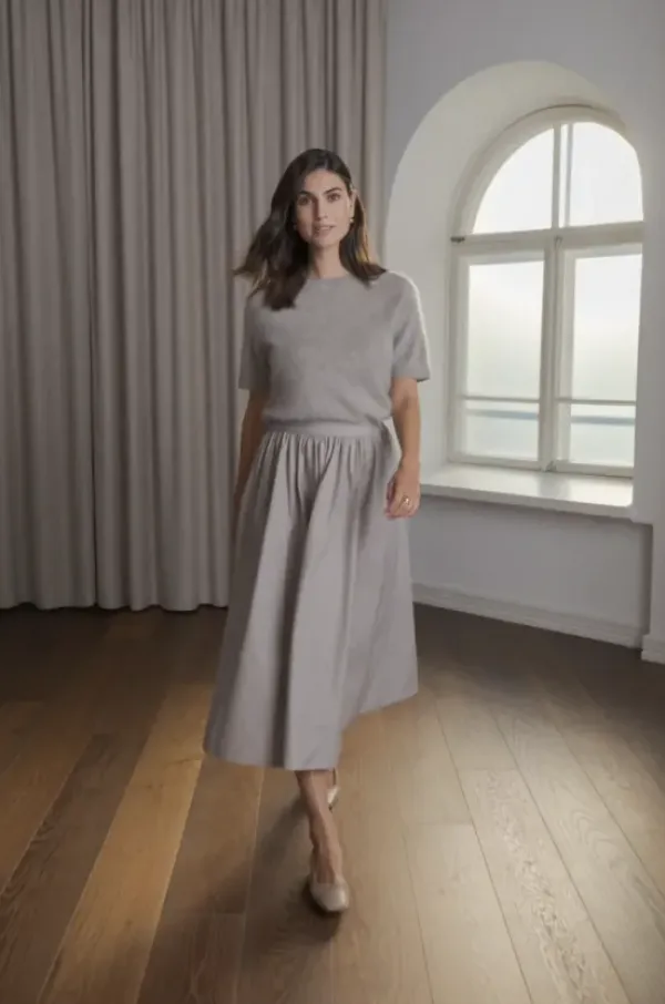 Sale Claressa puuvillahame leveällä käänteellä, greige Mekot Ja Hameet|Juhlavaatteet